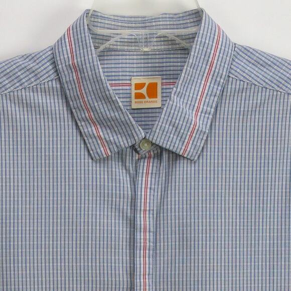 Hugo Boss Plaid Hidden Placket Shirt Men's XL Blue Cotton Button-Up Smart Casual - Picture 2 of 13